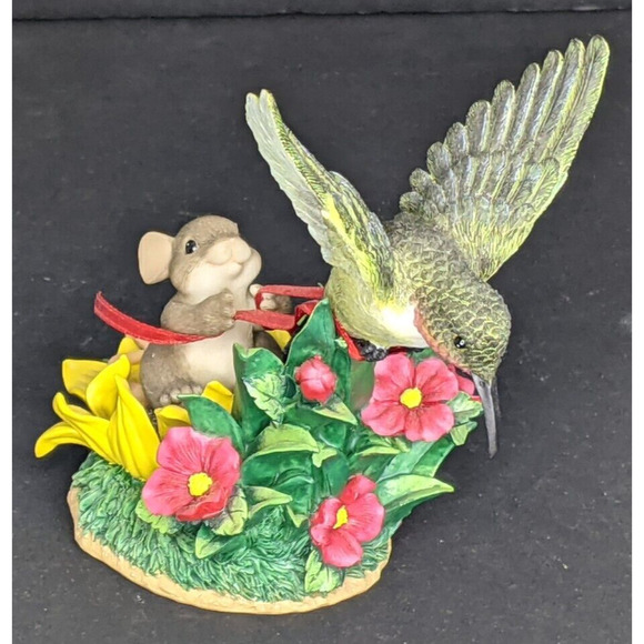 Fitz & Floyd Charming Tails Hang’in Tight To Summer Fun Mouse & Hummingbird RARE - Picture 1 of 7